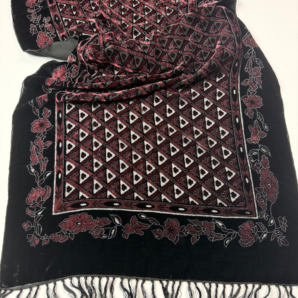 Vintage Silk Burnout Gothic Whimsygoth Women Scarf Black Burgundy Silk Rayon